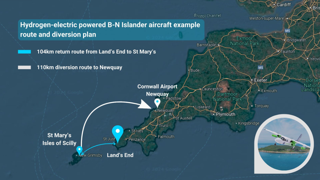 Example hydrogen powered aircraft route in the UK